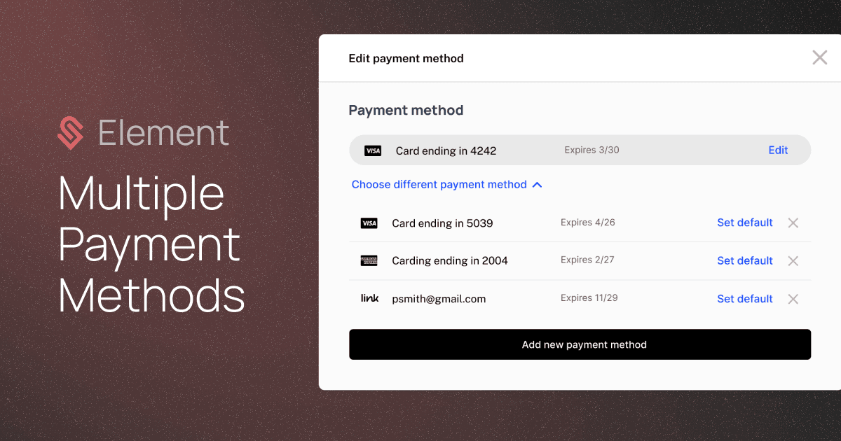 Multiple payment methods element