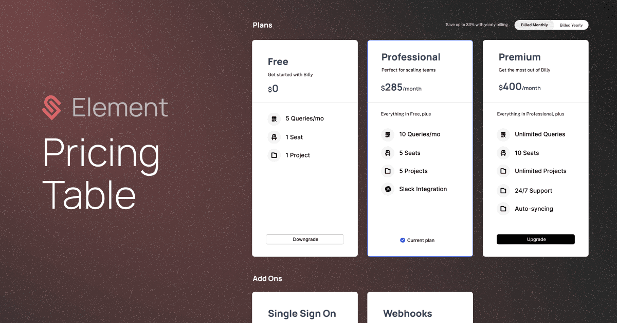 Pricing table